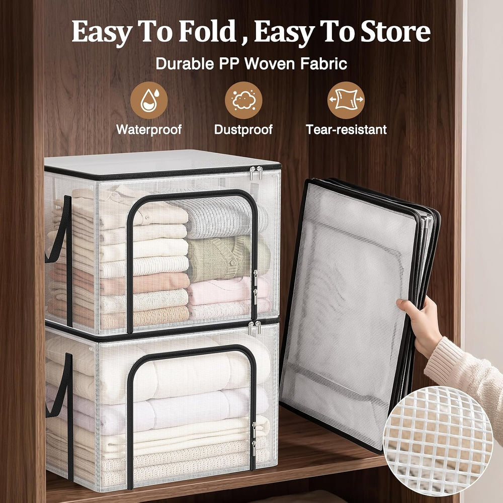 Clear Clothes Storage Bins with Metal Frame, Foldable Storage Boxes,3 Pack
