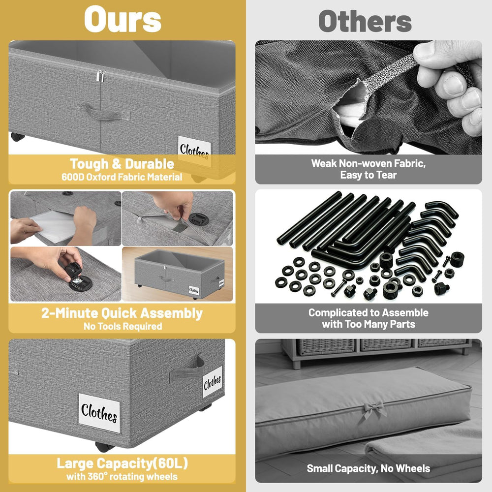 Under Bed Storage with Wheels, 2 Pack Underbed Storage Containers with Clear ...