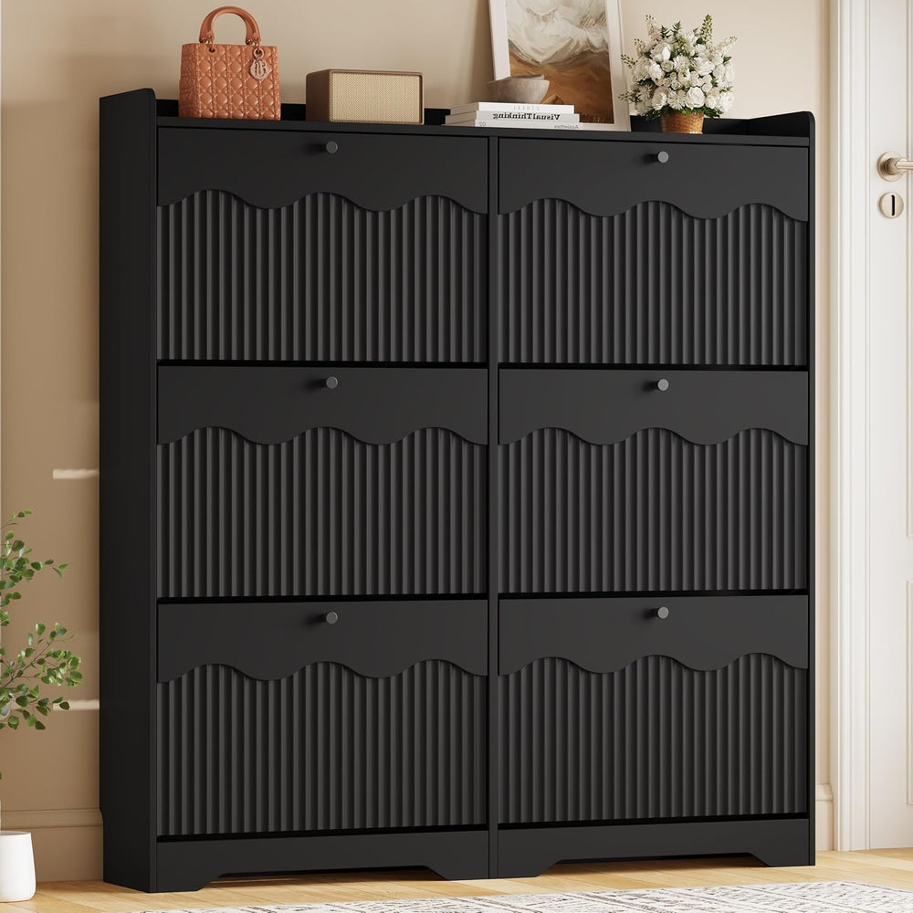 BORNOON Large Shoe Storage Cabinet with 6 Flip Drawers and Modern Wave-Edge F...