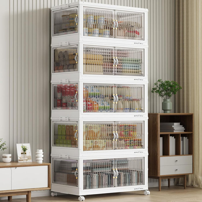 BROVIEW 600Qt Stackable Storage Bins with 5 Lids, Front and Side Open Doors, Plastic Collapsible Closet Organizer and Storage Cabinet, Foldable Box with Wheels Drawer for Home Office, 5Pack White