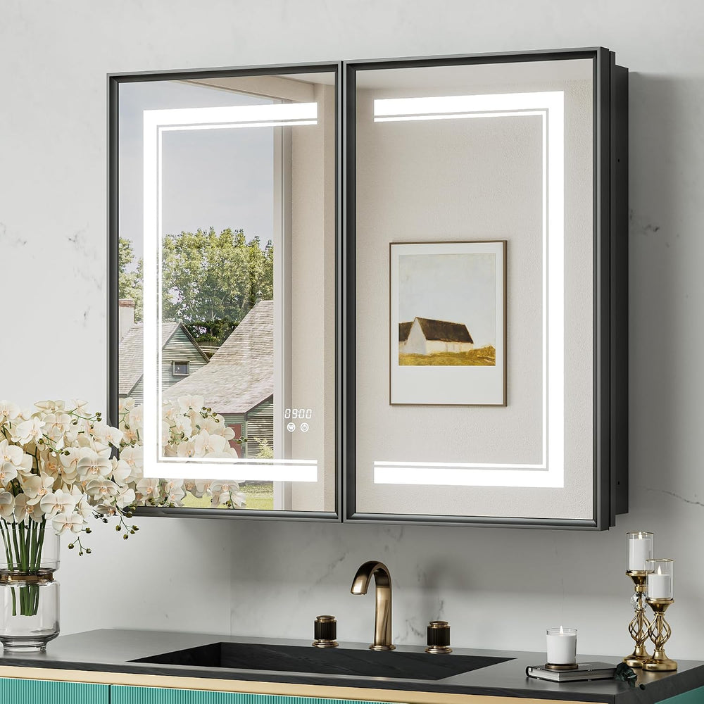 36x30 Inch LED Medicine Cabinet Black Frame, Medicine Cabinet with Lights, 3-...
