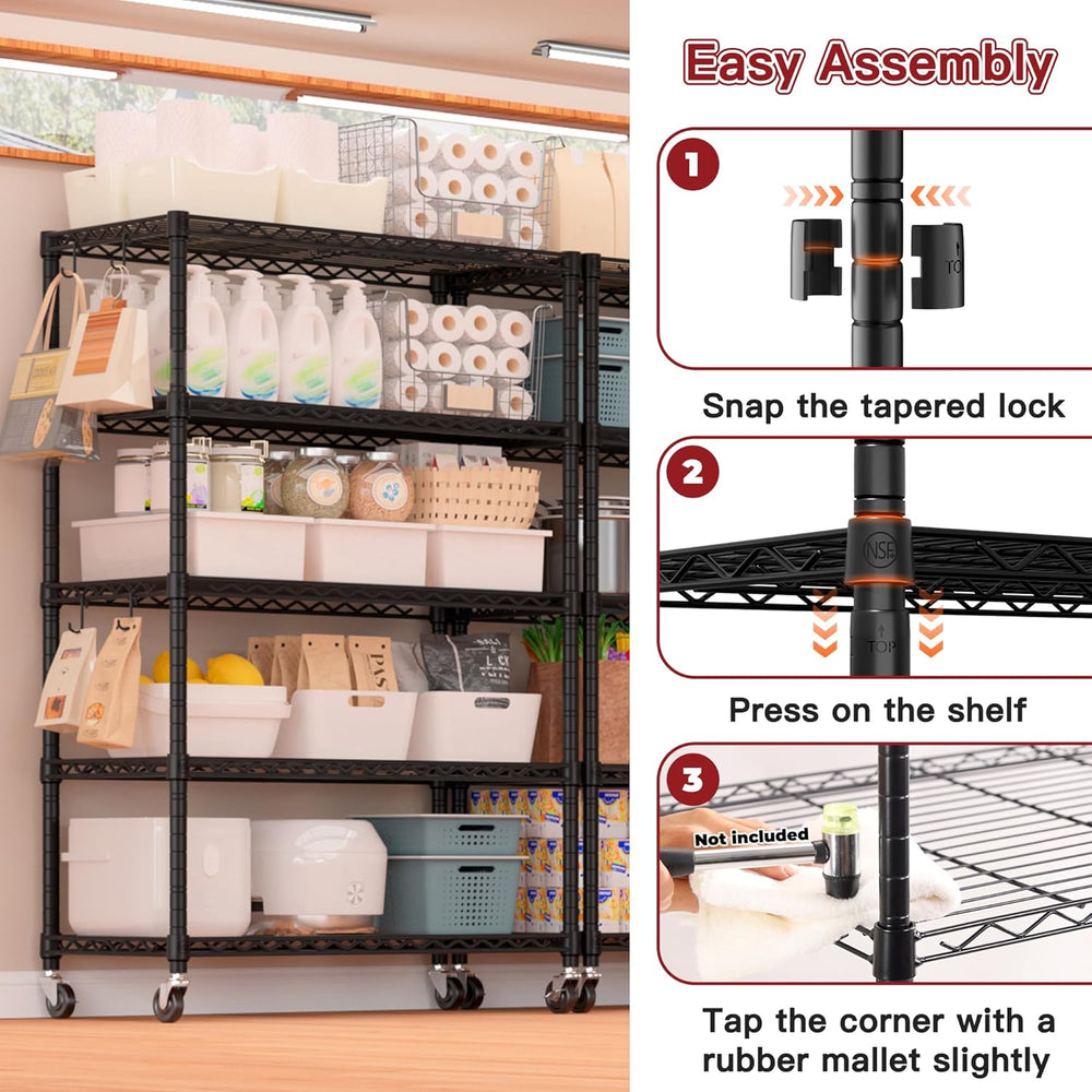 PrimeZone 74" H Wire Shelving 1250lbs 5 Tier Storage Shelves with Wheels