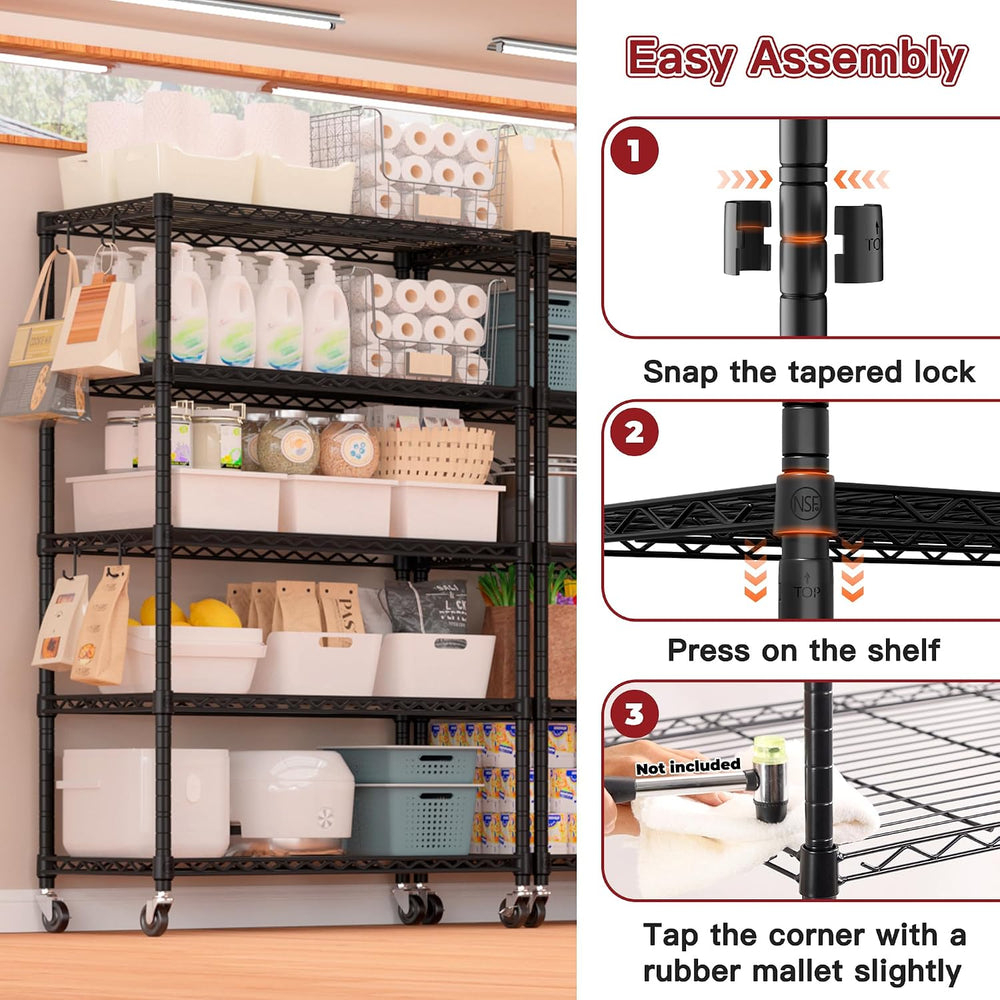 PrimeZone 74" H Wire Shelving 1250lbs 5 Tier Storage Shelves with Wheels