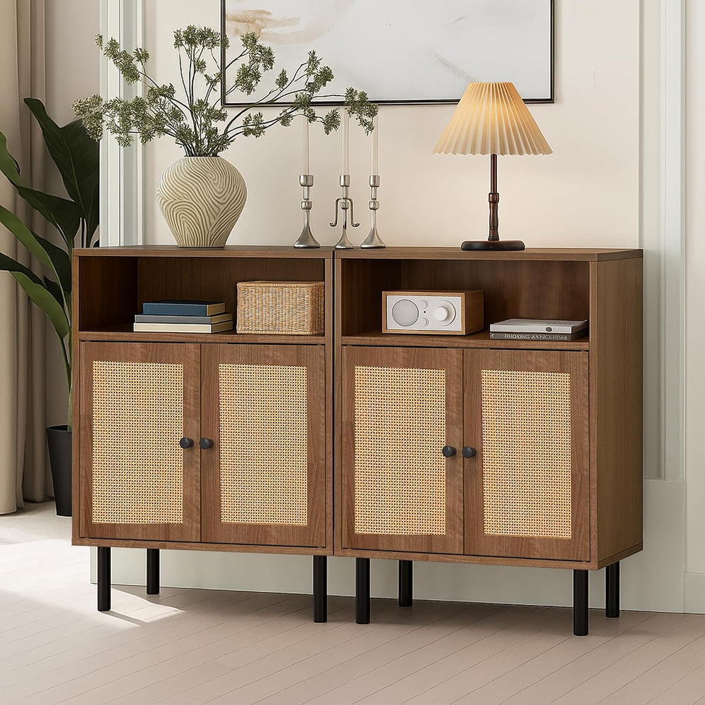 Rattan Storage Cabinet, Boho Accent Cabinet with Double Doors