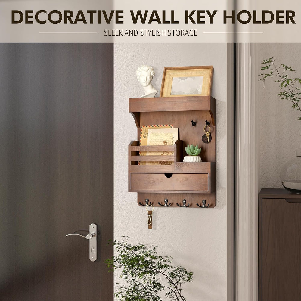 Rebee Vision Key Holder Wall Mount with Drawer Organizer for Entryway,Brown