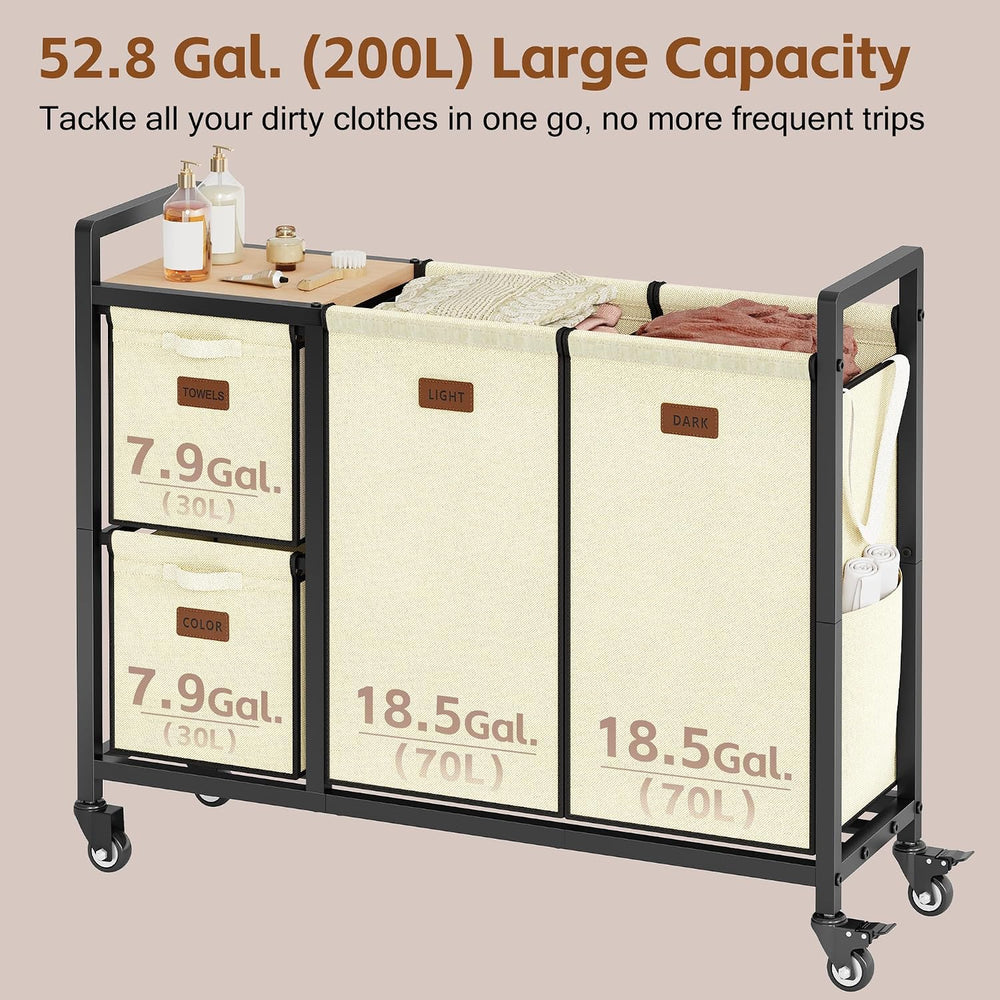 Hoctieon 4 Section Laundry Cart, 52.8 Gal. (200L) Laundry Hamper with Lid, La...