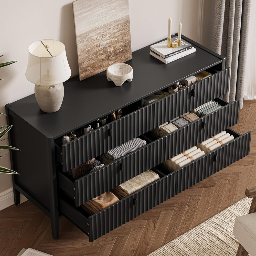 MAISONARIA Black 6 Drawer Dresser for Bedroom, Modern Wood Dresser, Fluted De...