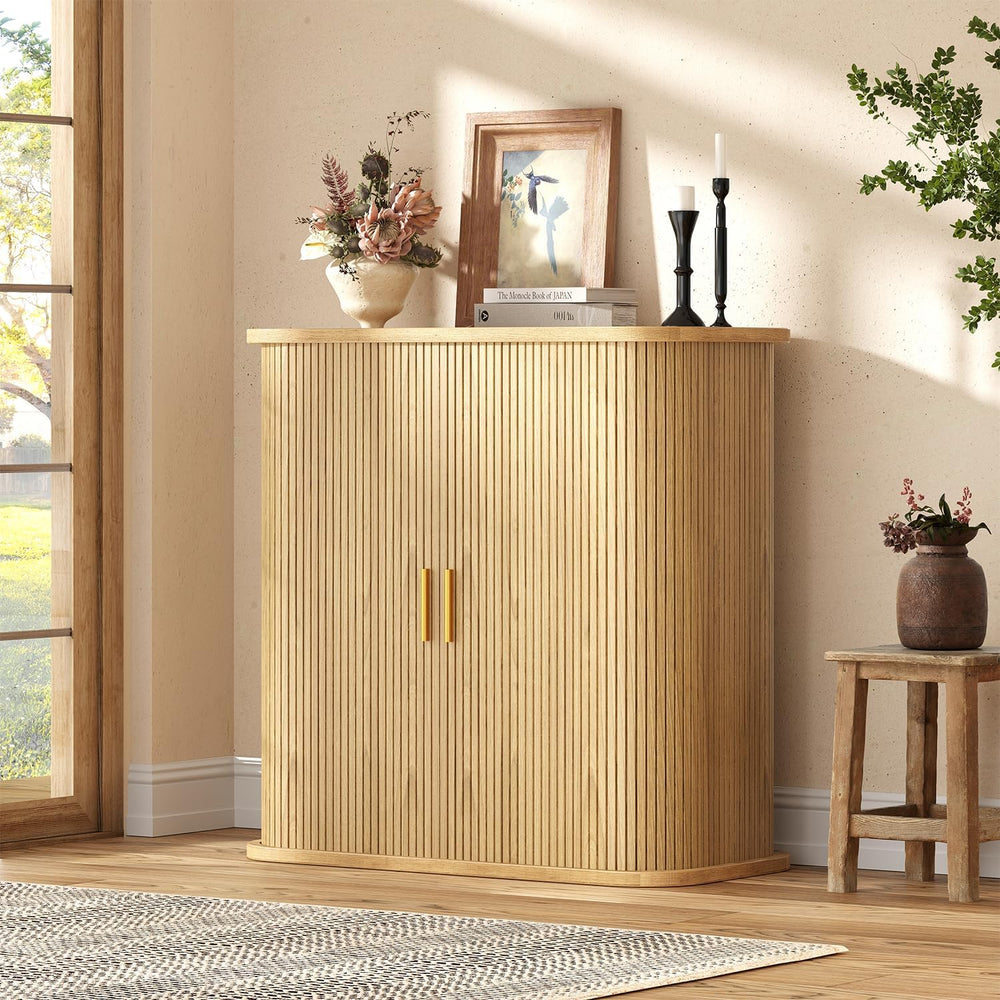 UNIQUITE 5-Tier Sliding Door Shoe Cabinet, Adjustable Shelves Wooden Shoe Sto...