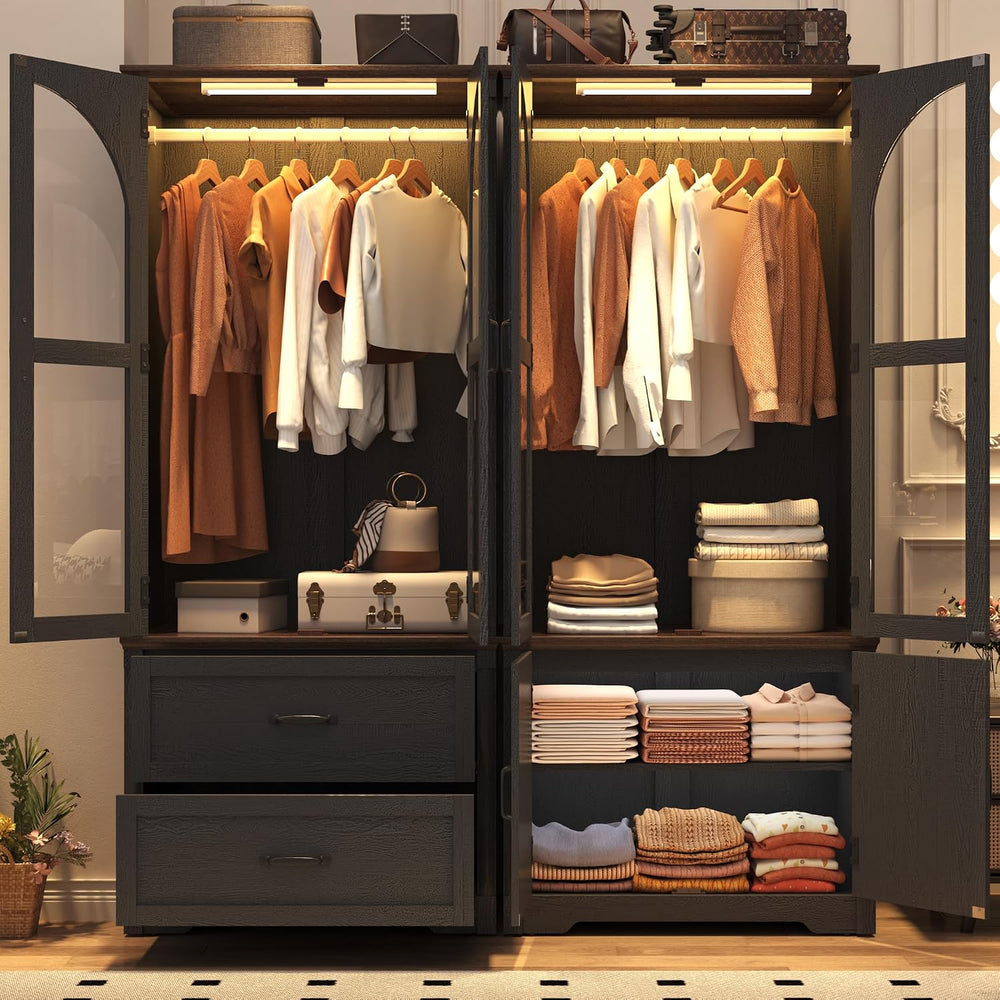 Tall Farmhouse 4 Doors Armoire Wardrobe Closet with LED ,72" Freestandin...