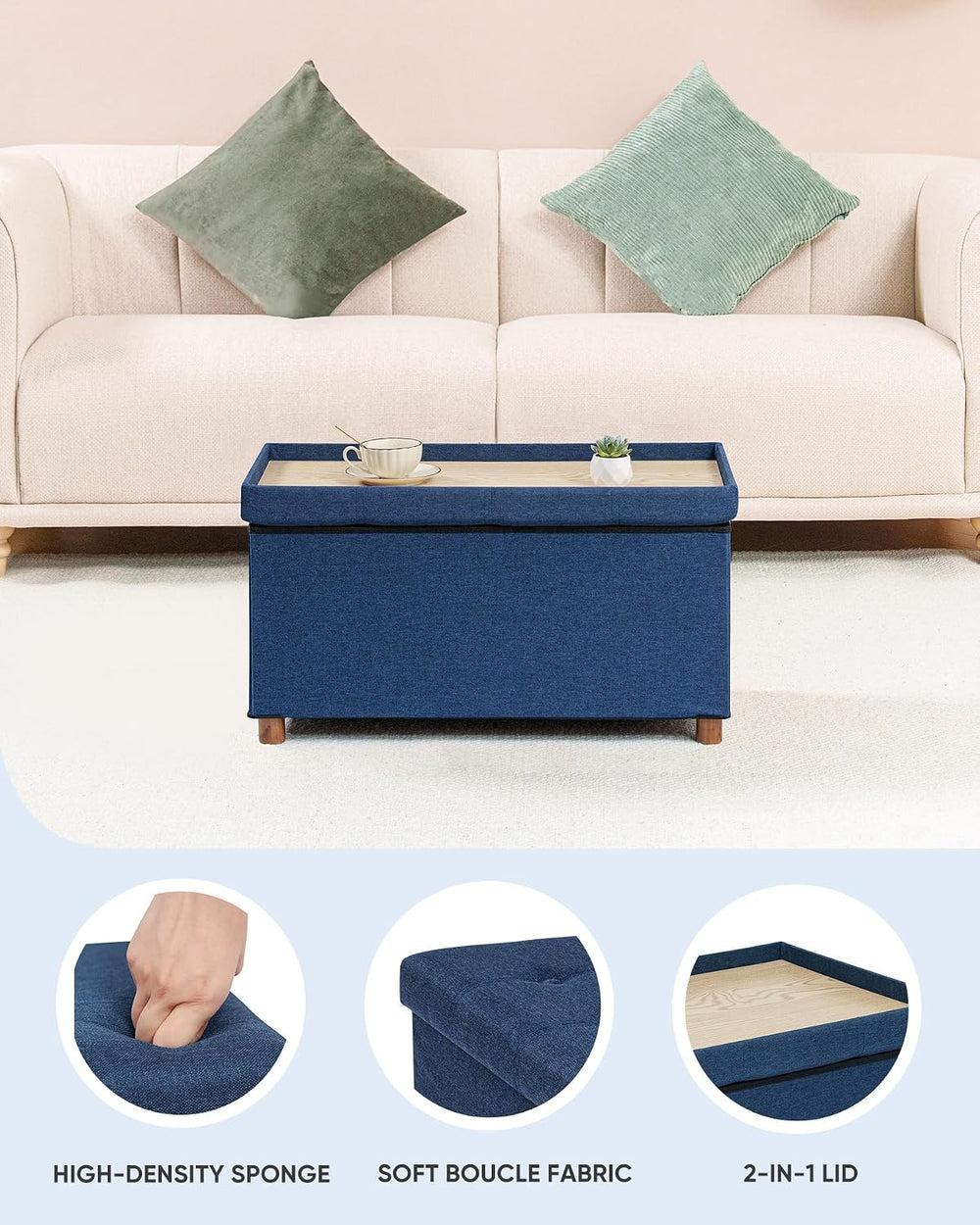 B FSOBEIIALEO 30" Folding Storage Ottoman with Tray, Wood Legs, Linen Blue