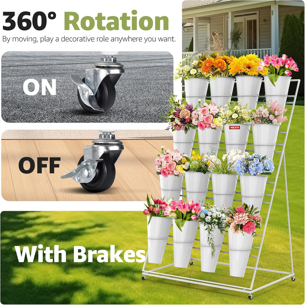 Flower Display Stand 4 Layers with 16 PCS Round Buckets, Plant Stand with Whe...