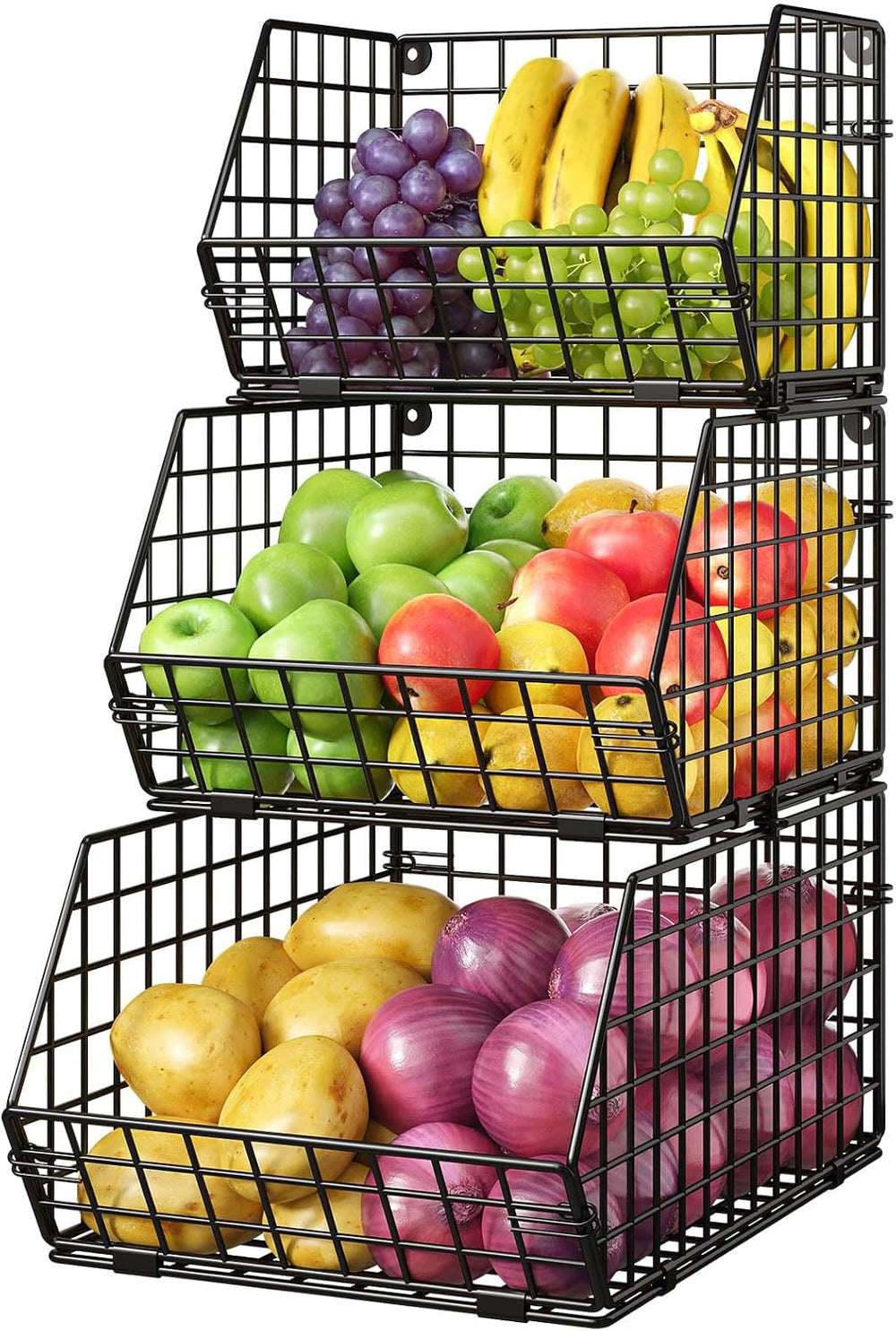 3-Tier Stackable Wire Baskets, Fruit and Vegetable Storage for Counter