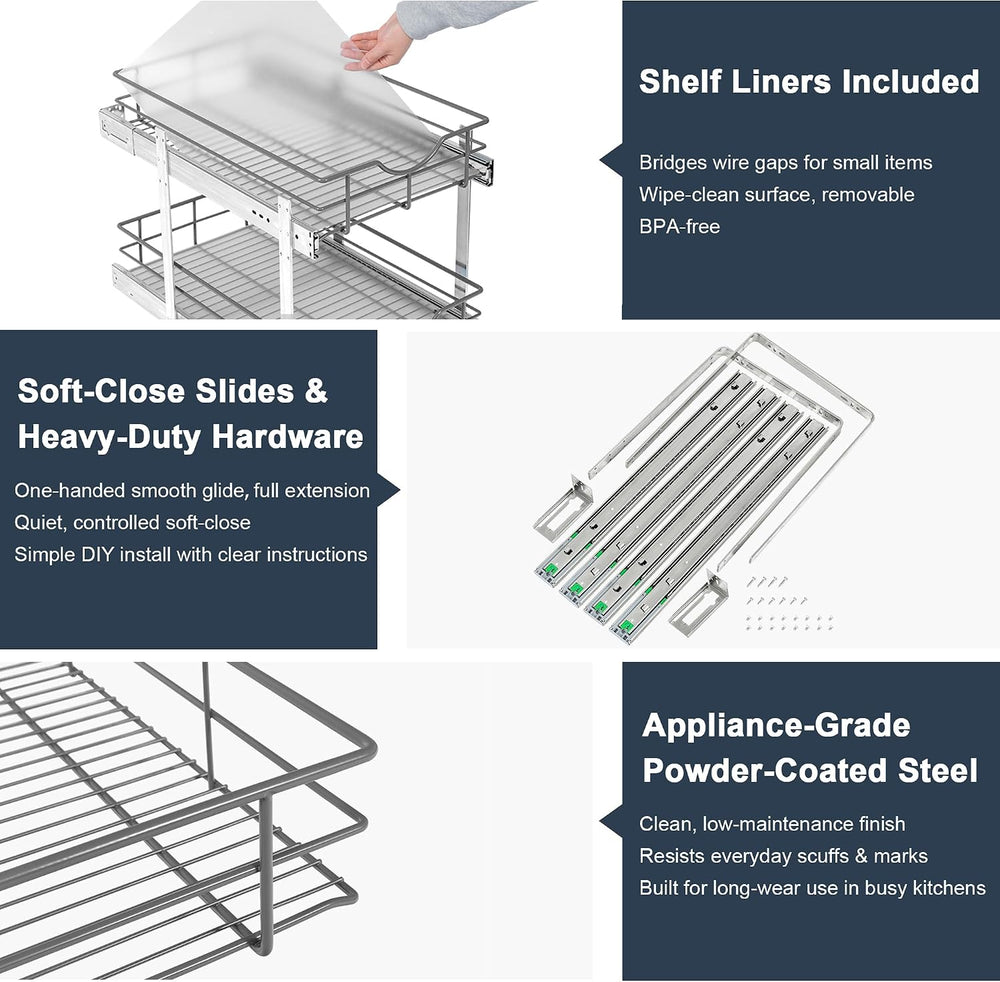 2 Tier Pull Out Cabinet Organizer - 23" W x 22" D Soft Close Slide ...