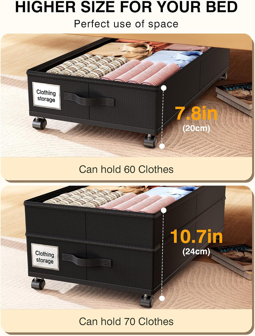 Under Bed Storage with Wheels,2Pack Underbed Shoe Storage Organizer,7.5-10.6 ...