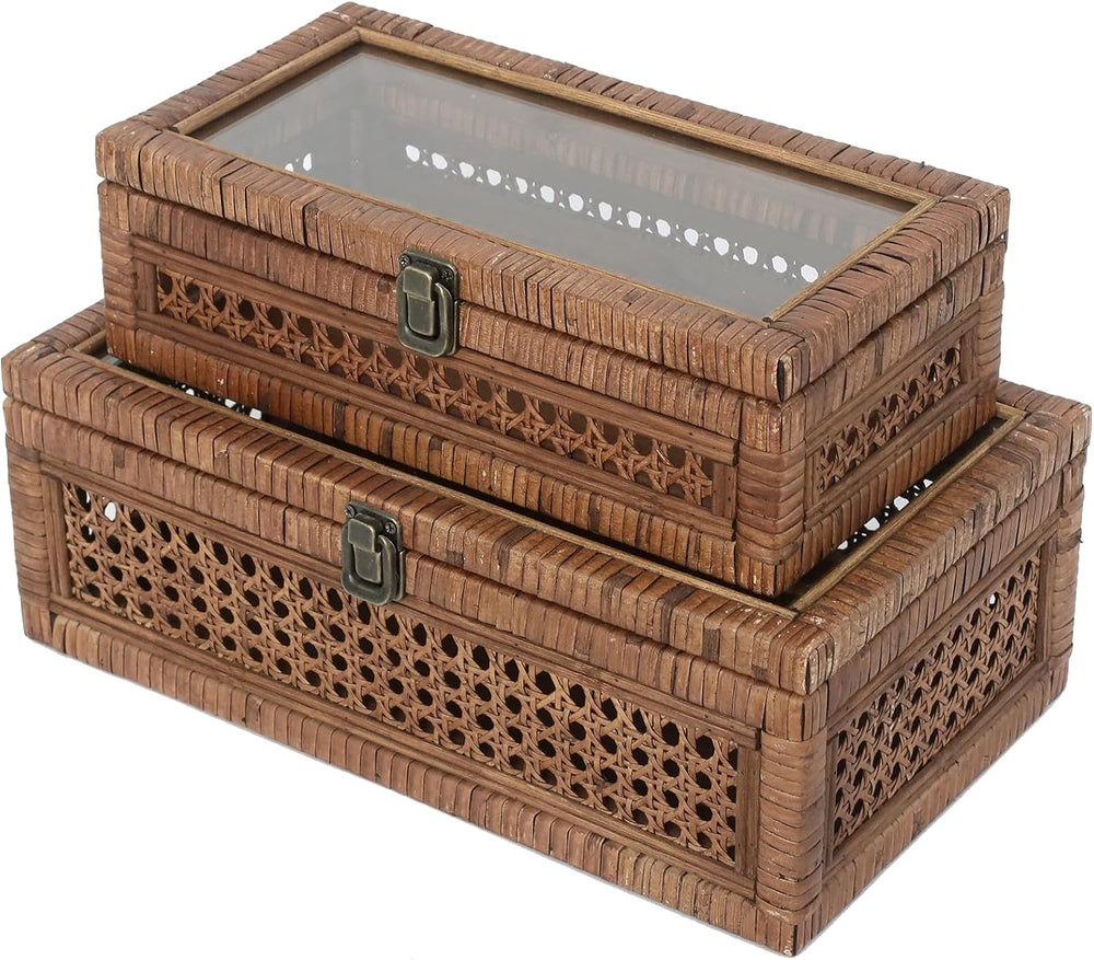 DECOR4SEASON Set of 2 Rattan and Cane Stacking Boxes,Brown,12"&14"