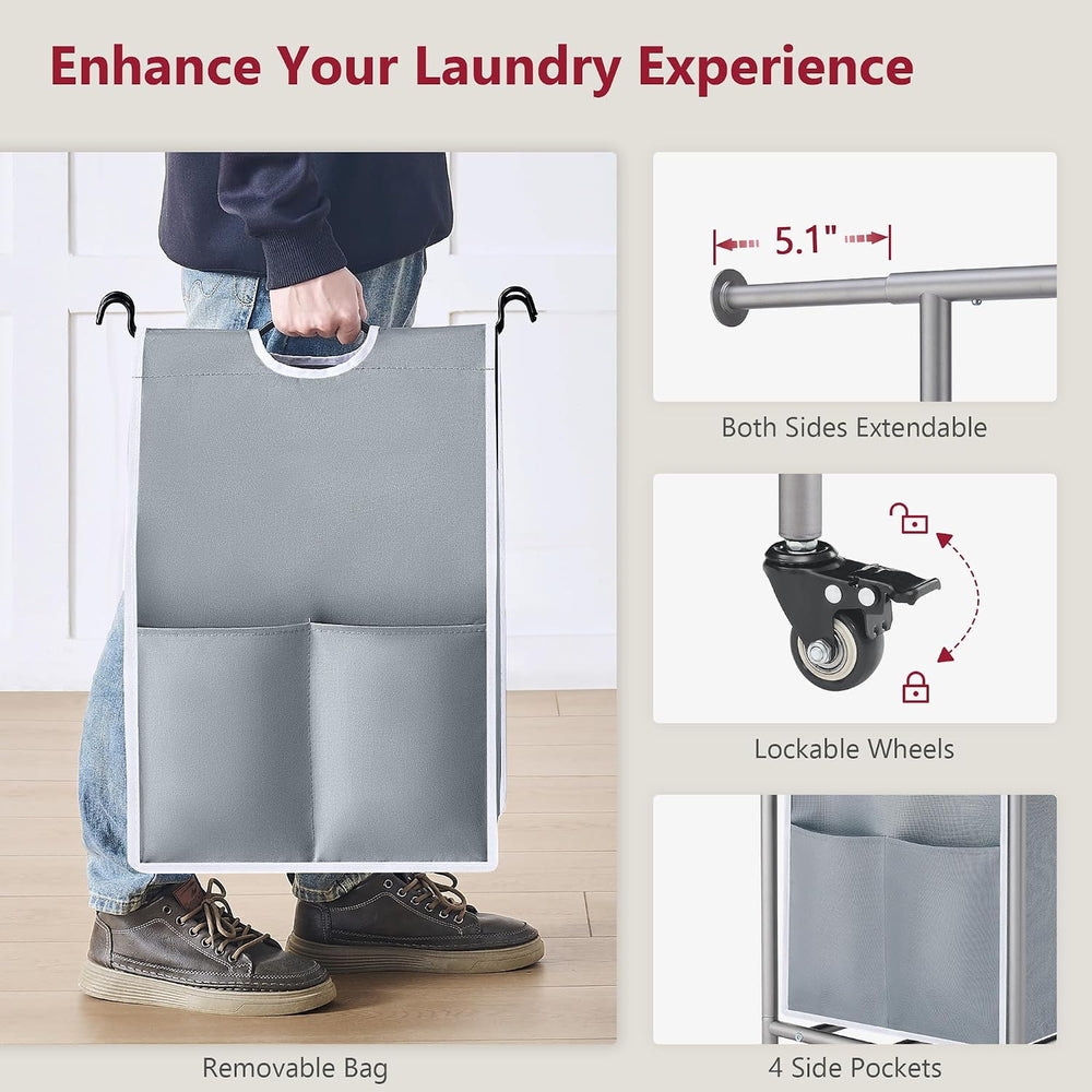 Tajsoon Laundry Sorter 3 Section, Laundry Cart with Hanging Rack, Gray