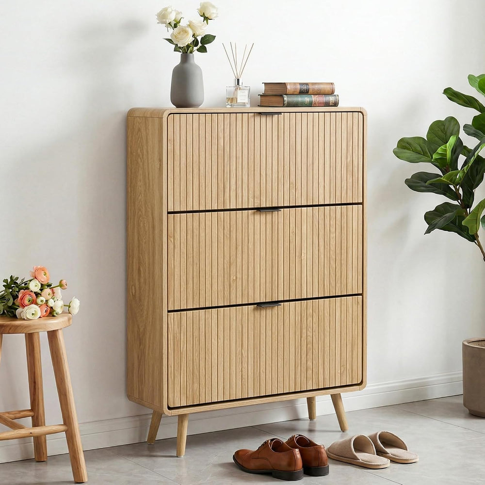 FurSch Fluted Shoe Storage Cabinet with 3 Flip Drawers, Narrow Shoe Rack Cabi...