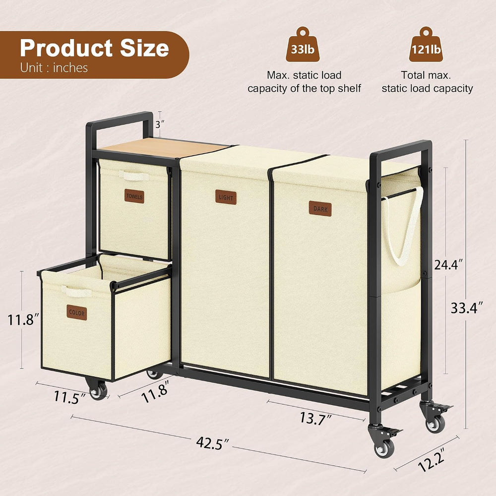 Hoctieon 4 Section Laundry Cart, 52.8 Gal. (200L) Laundry Hamper with Lid, La...