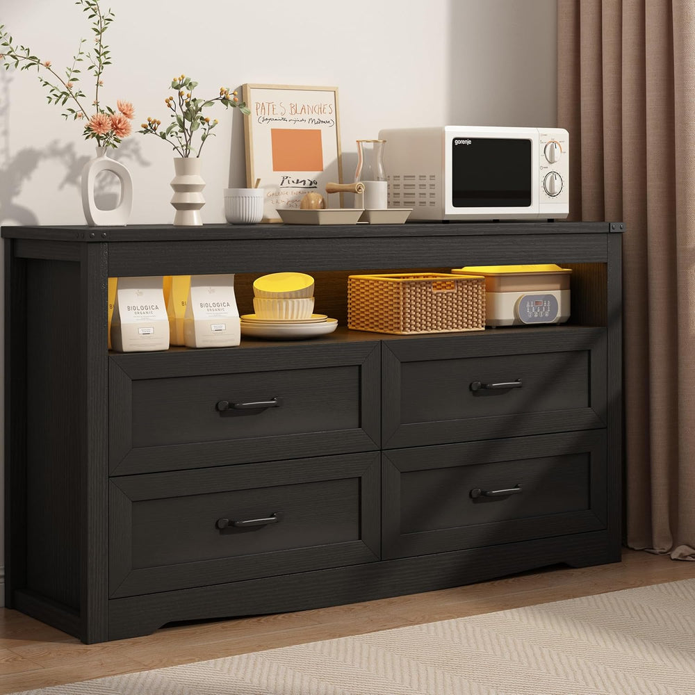 Wodeer Black Dresser for Bedroom, Wood 4 Drawer Dresser with LED Light, Dress...