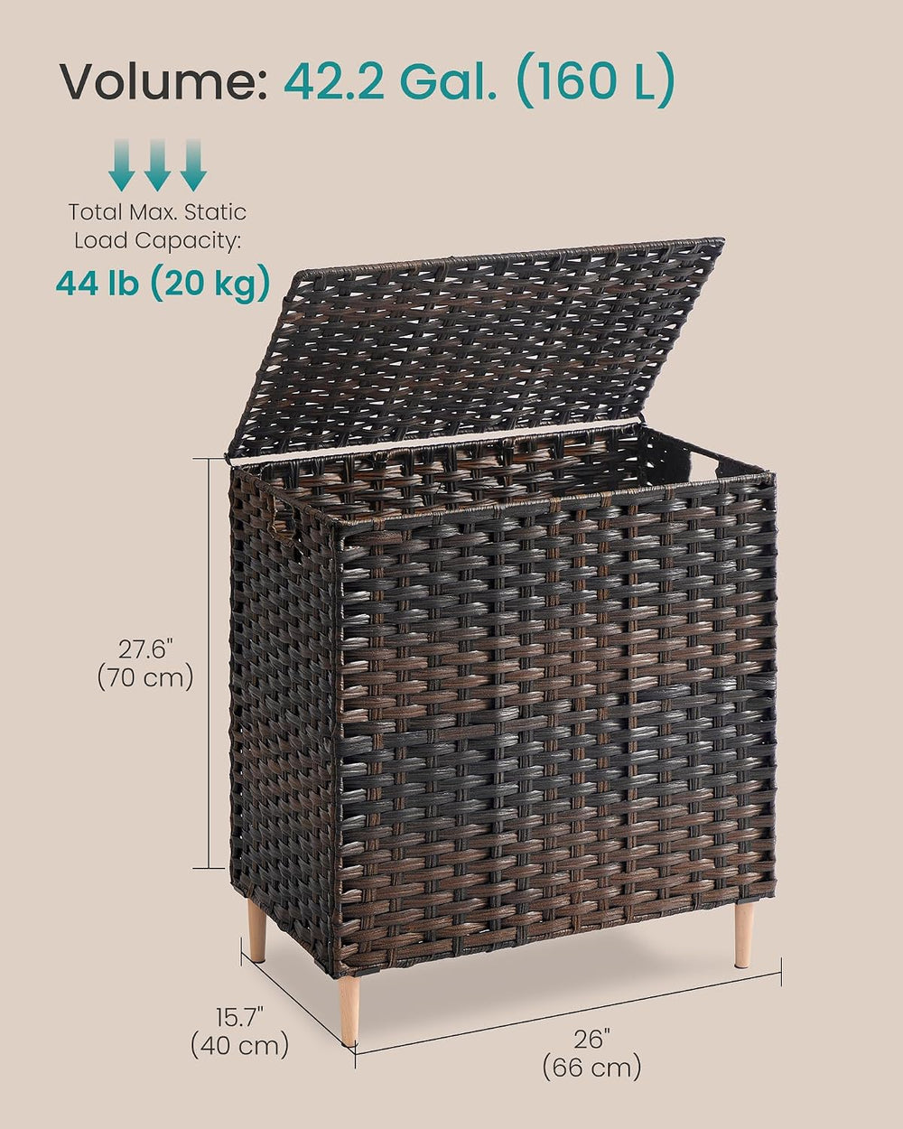 SONGMICS 3-Section Laundry Hamper with Lid, PE Rattan, 42 Gallons (160 L)