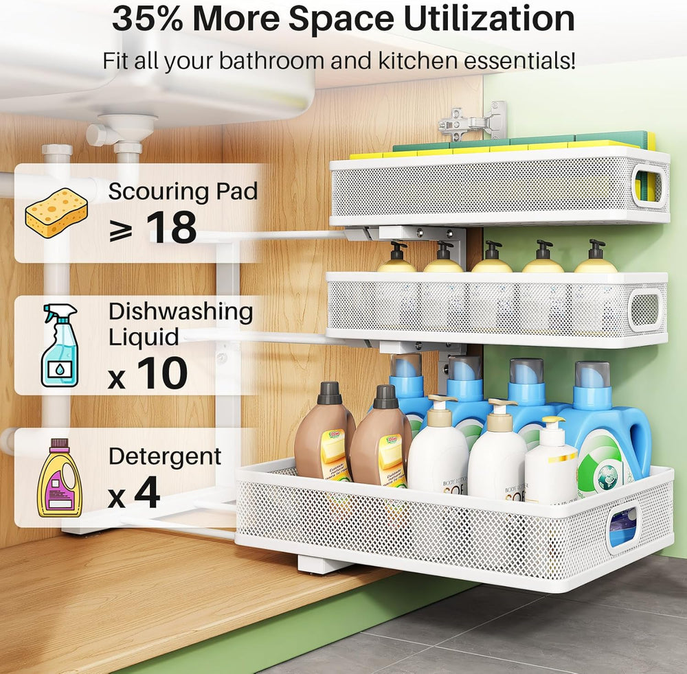 Kitstorack Under Sink Organizer, 2-Pack 3-Tier Height Adjustable Thickened Me...