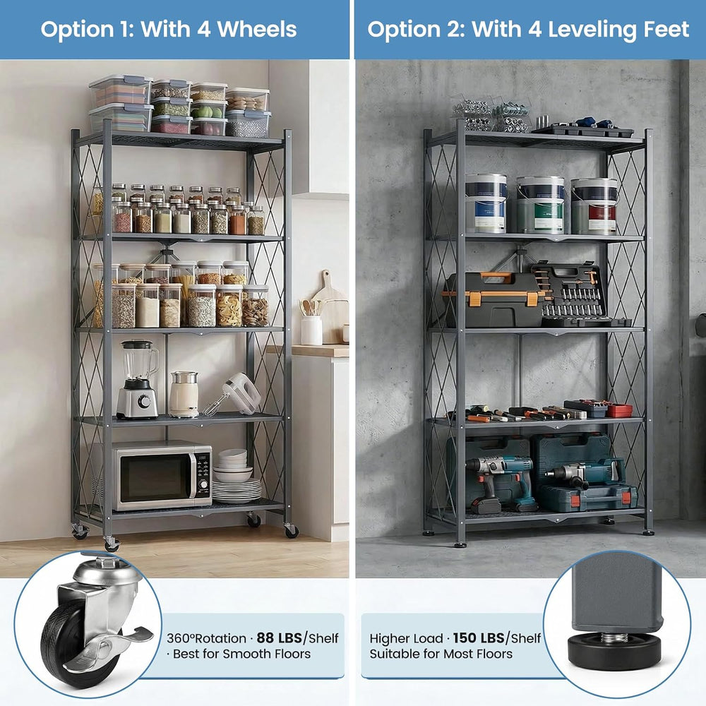 ALANNG 70.7" H Metal Storage Shelves, 5 Tier Folding Shelf on Wheels