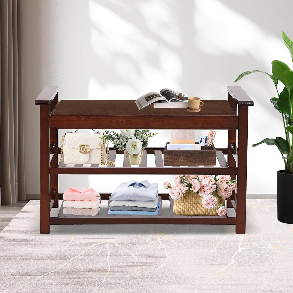 3-Tier Bamboo Shoe Bench, Brown, 30"(L) x 18.9"(H) x 14.5"(W)