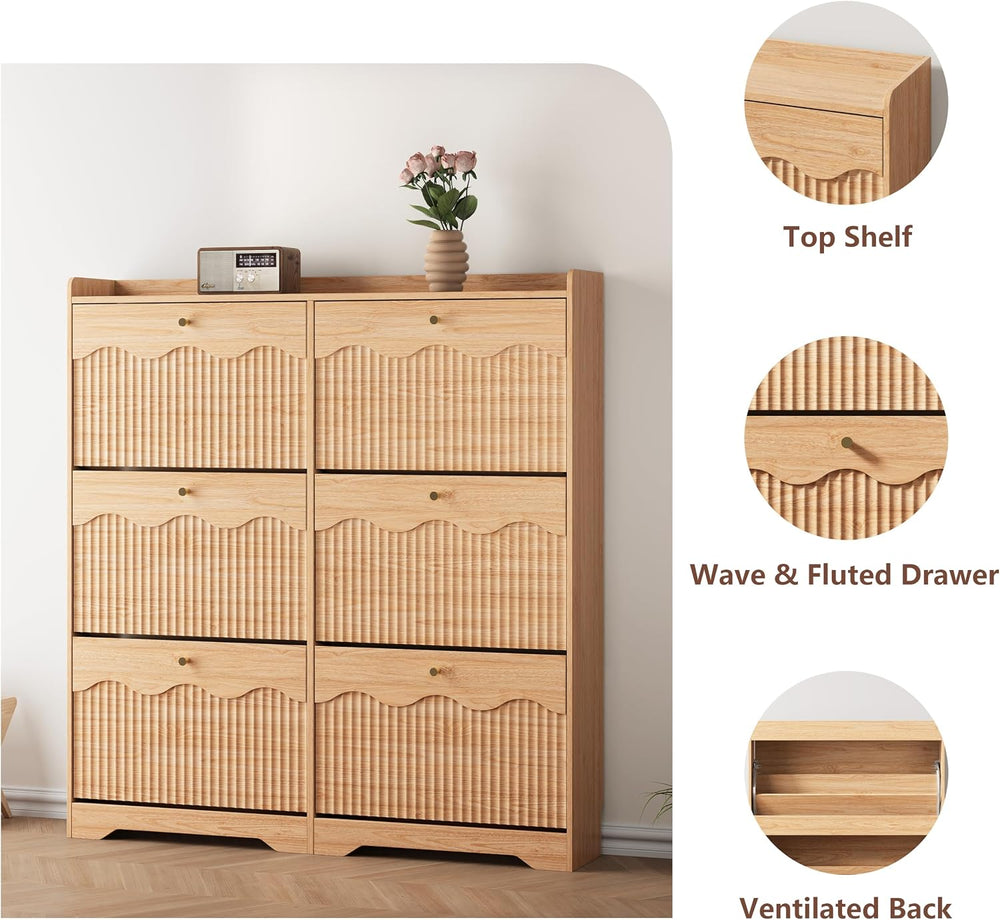 HUANLEGO Shoe Cabinet Storage for Entryway with 6 Flip Drawers, Oak