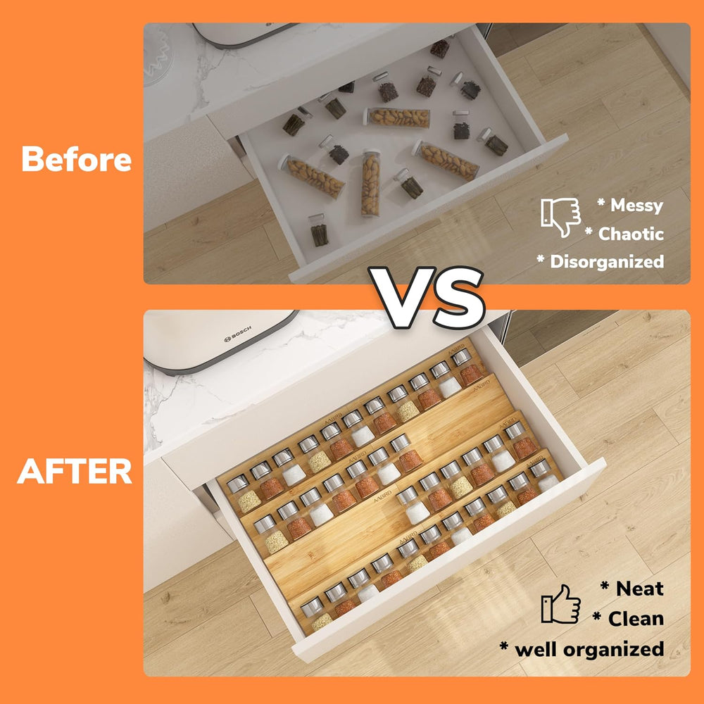 Bamboo Spice Drawer Organizer with Non-slip Mat,4 Tier - 2 Set Jar Spice Rack...