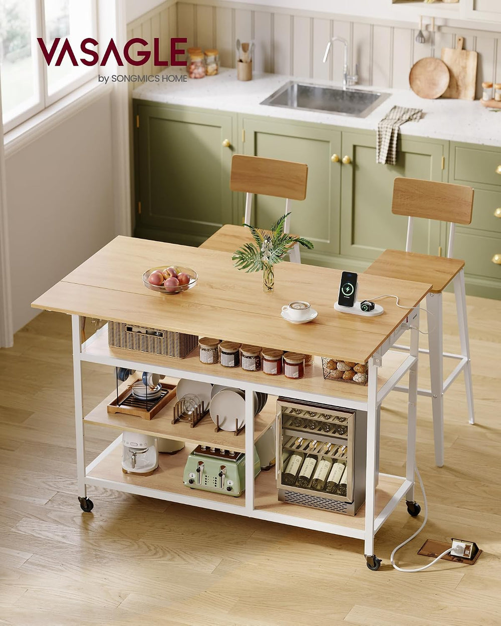 VASAGLE Kitchen Island with Drop Leaf, Power Strip, Pegboard, 47.2" Width