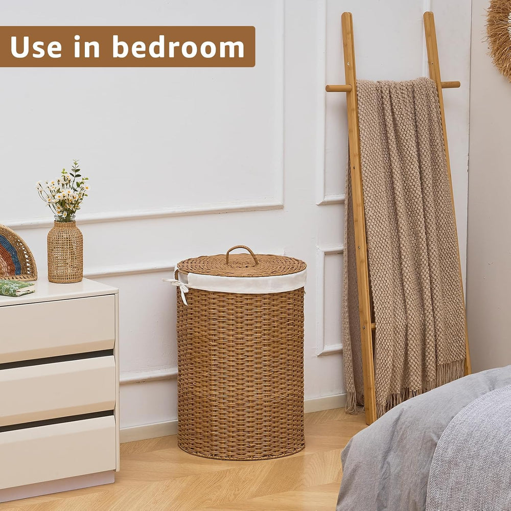 Round Wicker Laundry Hamper with Lid Handwoven Rattan Basket with Handles for...