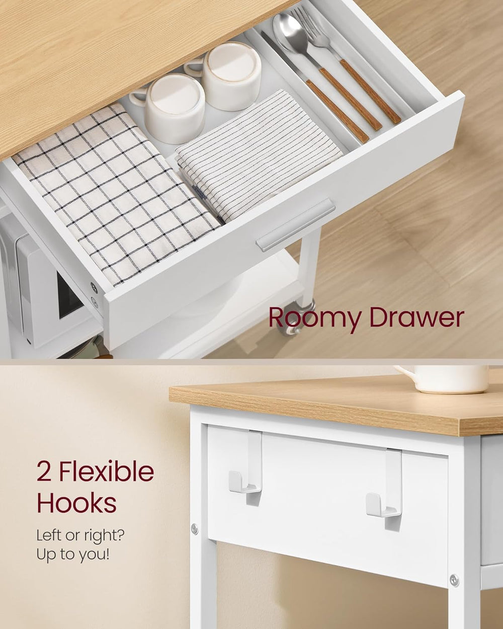 VASAGLE Kitchen Island Cart with Storage, Drawer, Adjustable Shelf, 2 Hooks