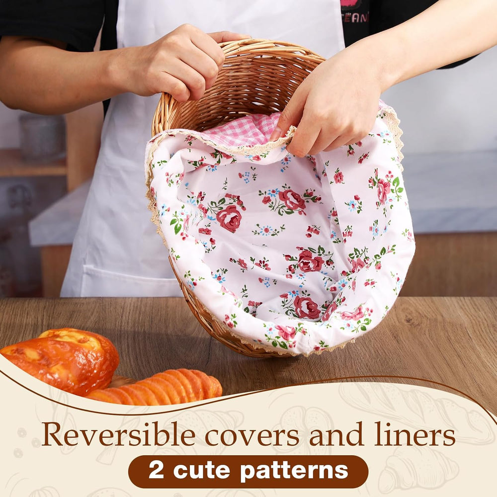 Qinyoung 2 Sets Wicker Bread Baskets with Liner and Tong, Fresh Style