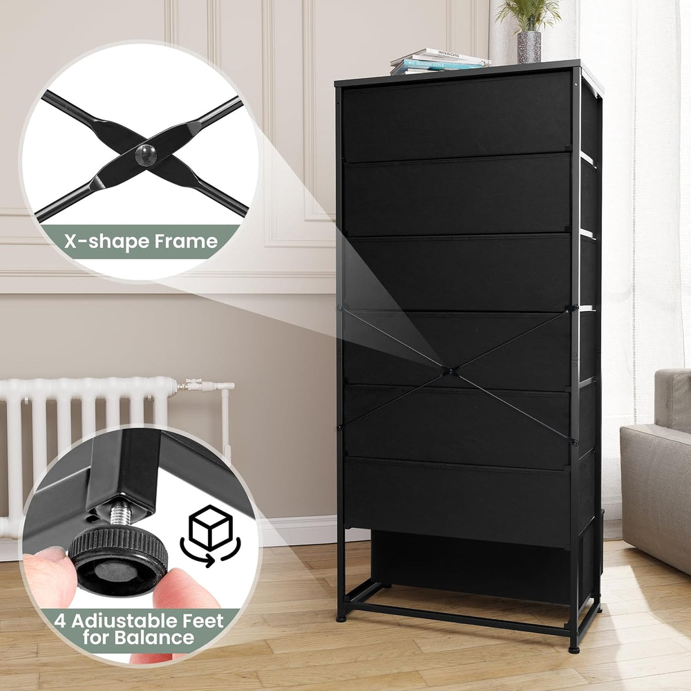Fabric Dresser for Bedroom, Wide 7-Drawer Tall Vertical Tower (Black)
