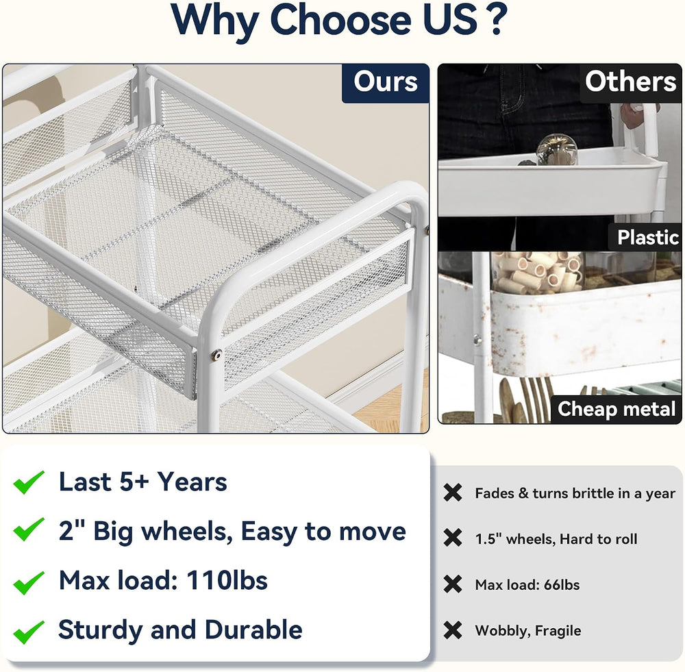 YASONIC 3 Tier Metal Rolling Cart, White Utility Storage Cart with Wheels