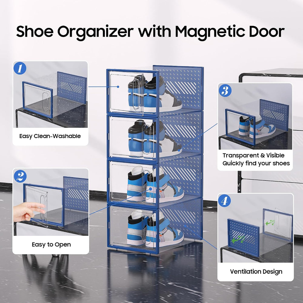 eWonLife Large Shoe Organizer Storage Box with Magnetic Door,12 Pack Clear Pl...