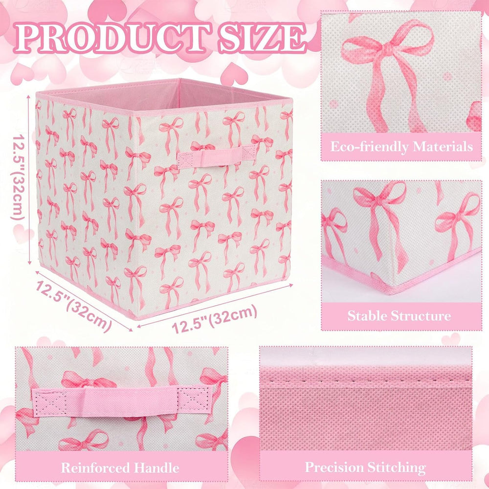 6 Pcs Pink Bow Cube Storage Bins 12.5 Inch Pink Storage Basket with Handle, P...