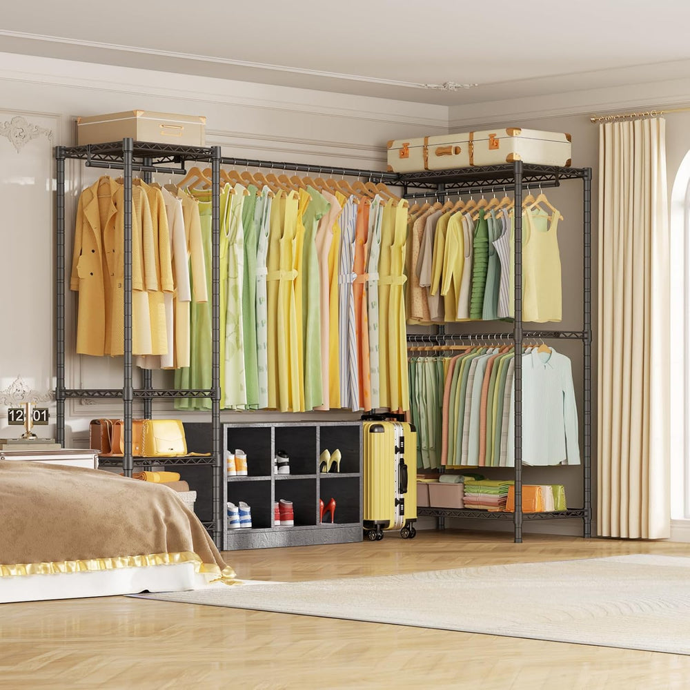 ULIFHOME E10L L-Shaped Clothes Rack for Corner(With Expandable Hanger Rod)Hea...