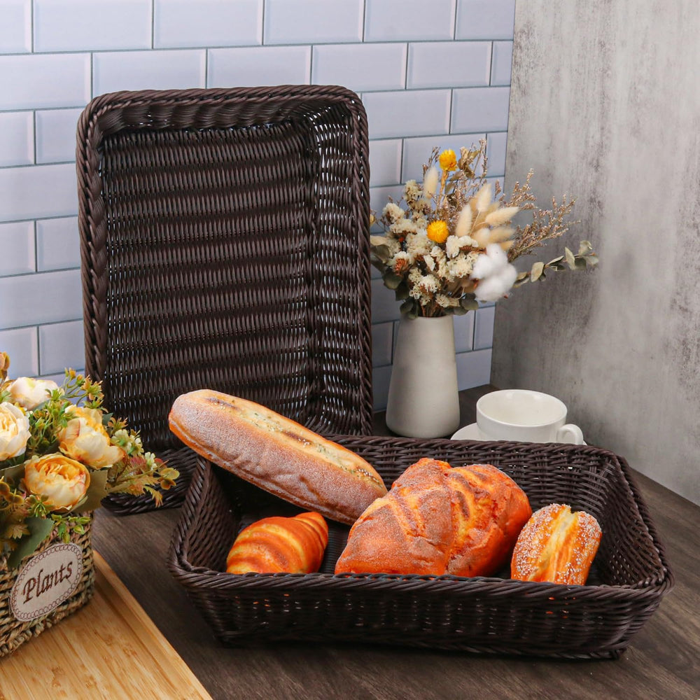5 Pack 16 Inch Deep Coffee Wicker Bread Basket, Handmade Woven Organizer, Rec...