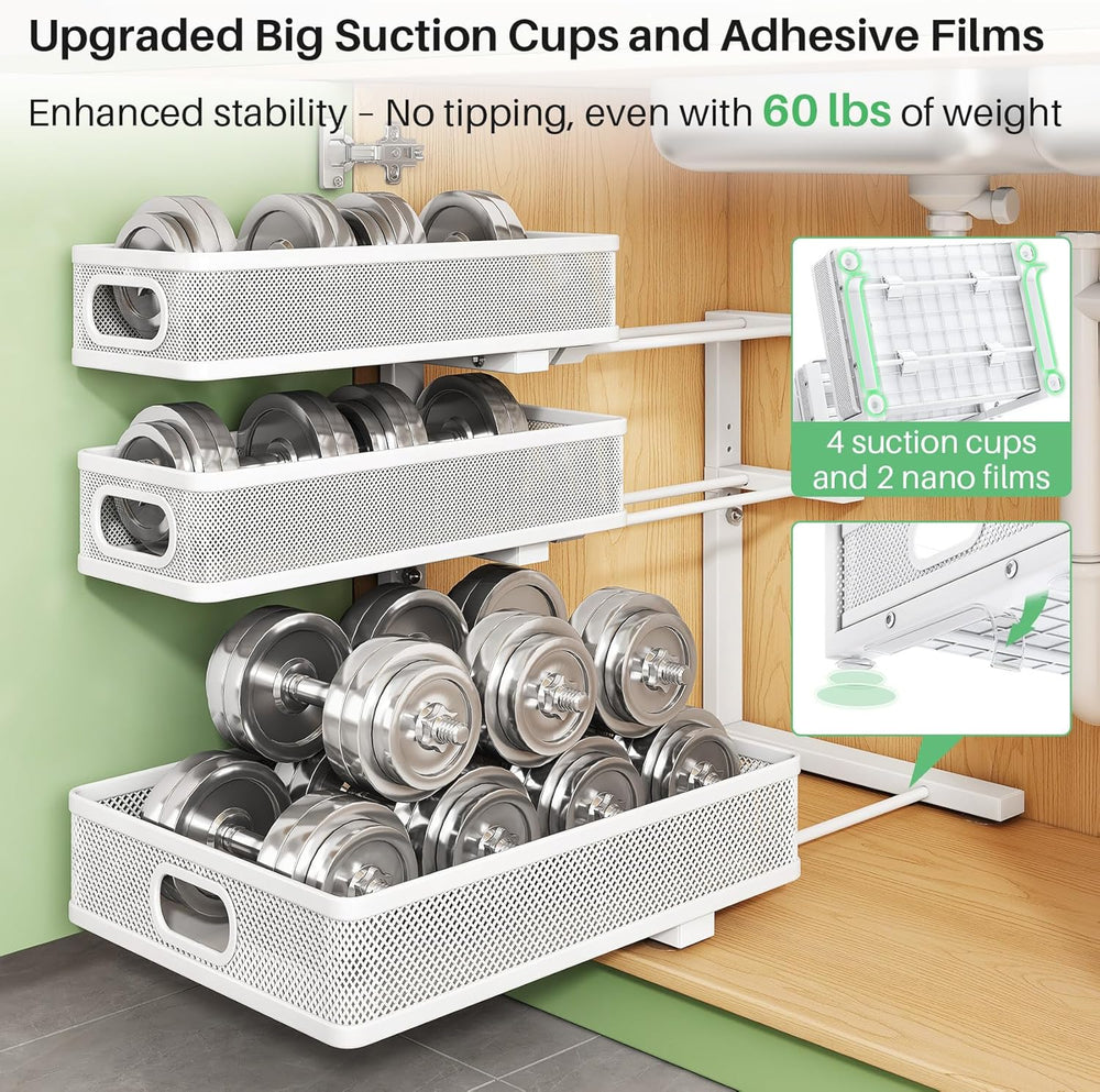 Kitstorack Under Sink Organizer, 2-Pack 3-Tier Height Adjustable Thickened Me...