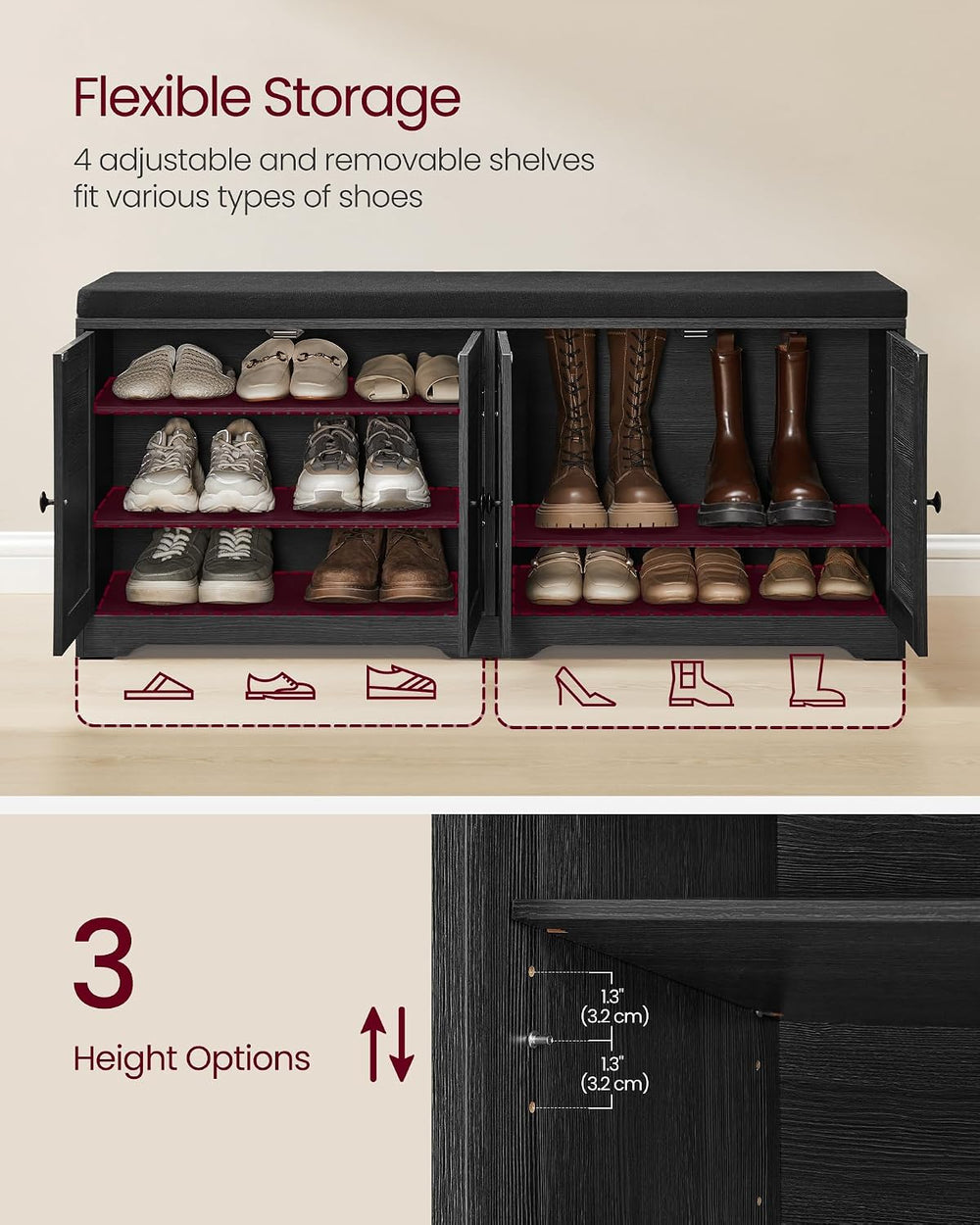 VASAGLE 3-Tier Shoe Storage Bench with Cushion, 14 x 47.6 x 20.7 Inches