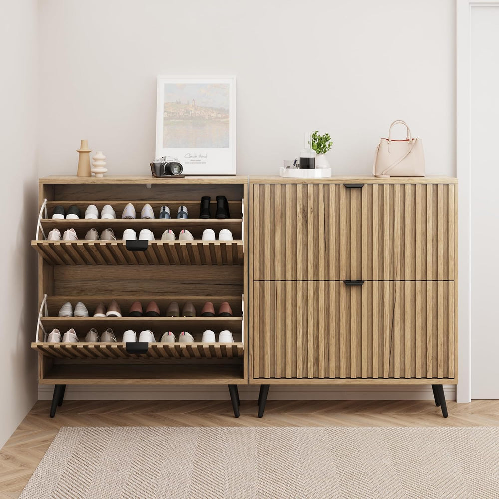 Smuxee Shoe Cabinet with 2 Flip Drawers, 31.5" Natural Hidden Shoe Stora...
