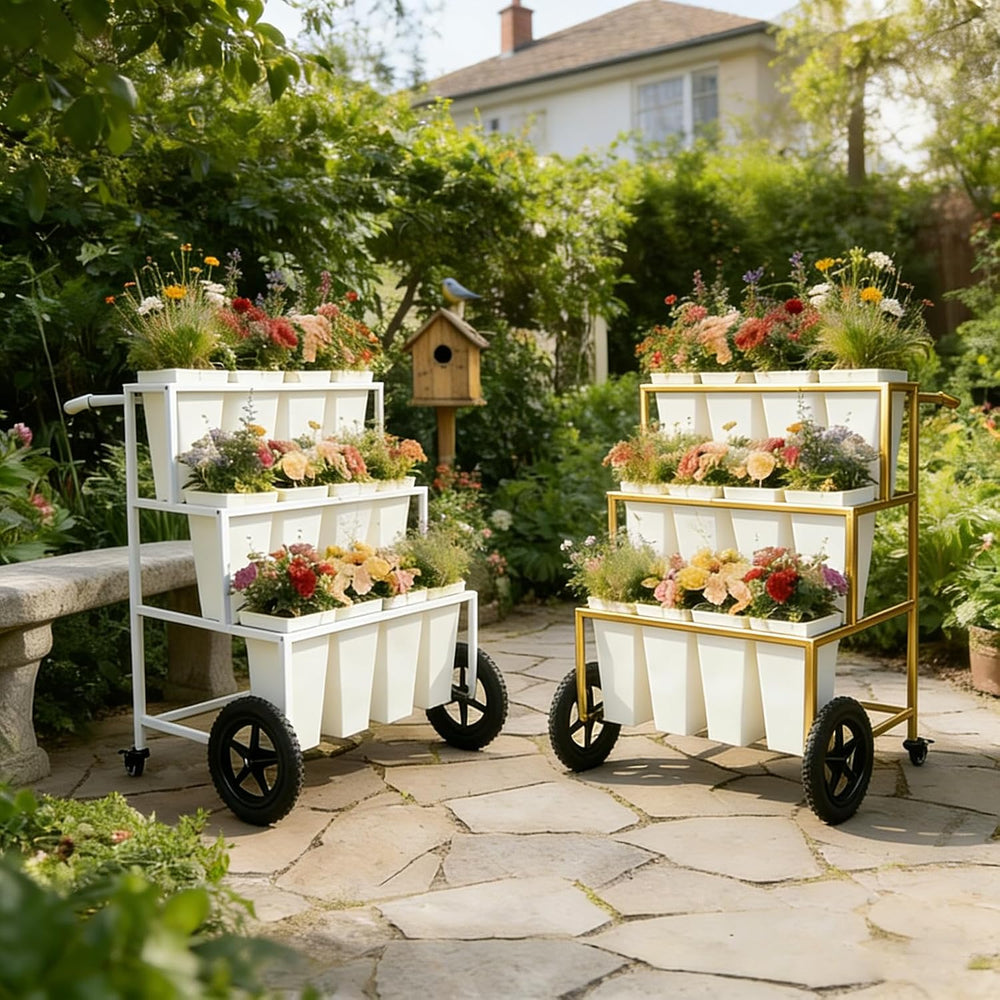 Black 3 Tier Metal Flower Cart Display Stand with Wheels, Mobile