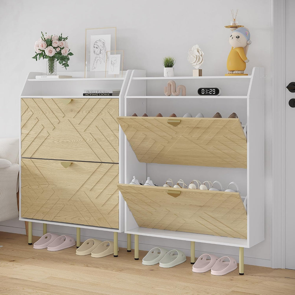 Slim Wood Color Shoe Cabinet, 2-Drawer Shoe Storage Organizer with Adjustable...