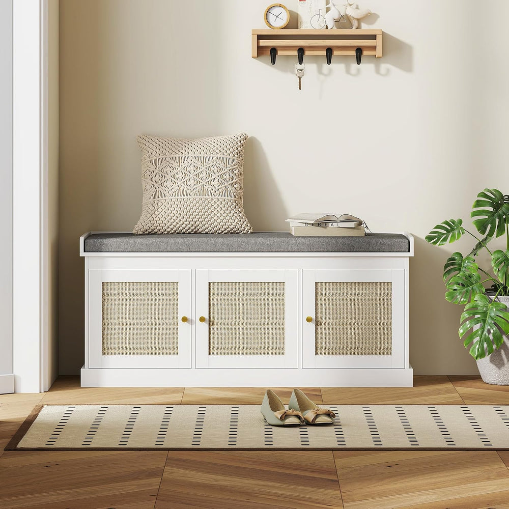 HOMCOM Shoe Bench Storage Rattan Doors 13.8 x 41.3 x 18.5 Inches White