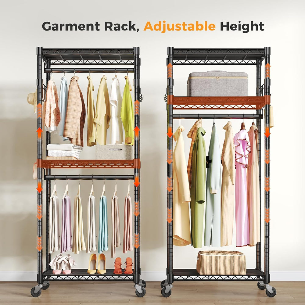 NEWBULIG Heavy Duty Clothing Rack with Wheels, 3-Tier Adjustable Wire Garment...