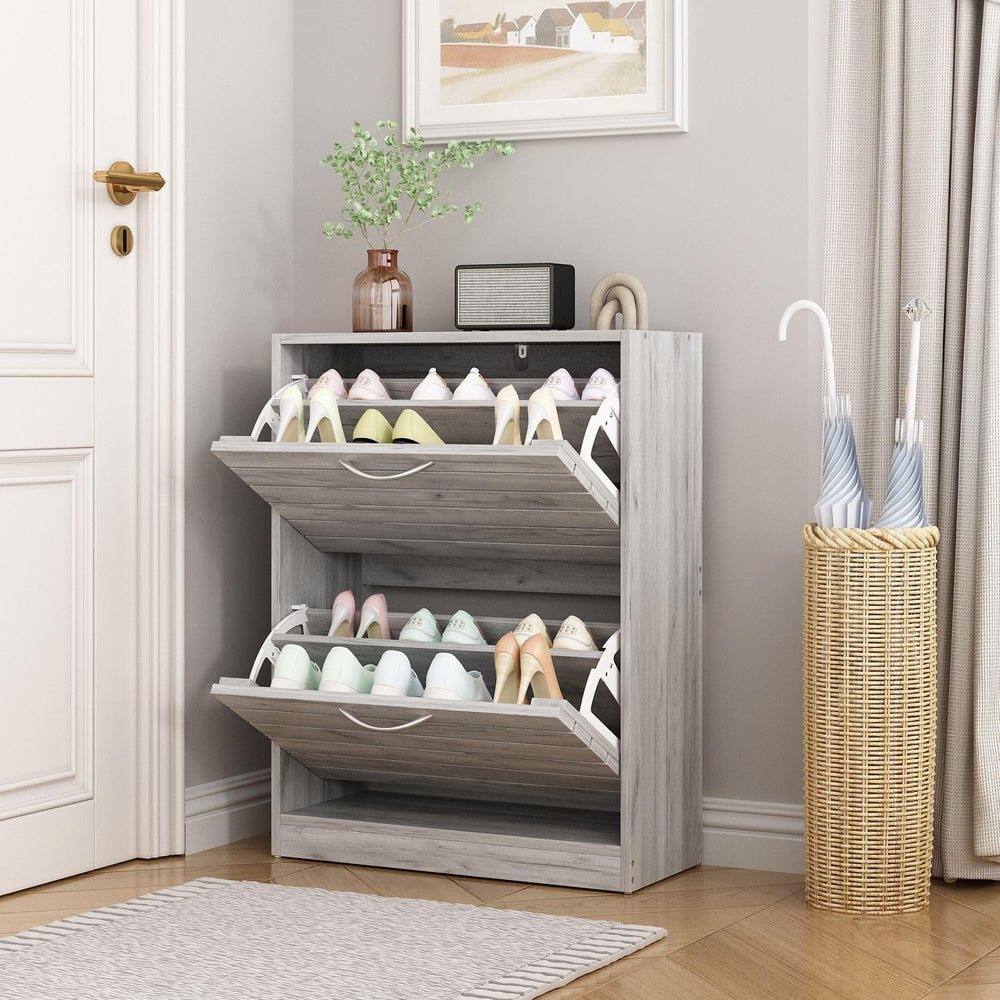 Small Shoe Cabinet with 2 Flip Drawers, Louver Surface, Grey