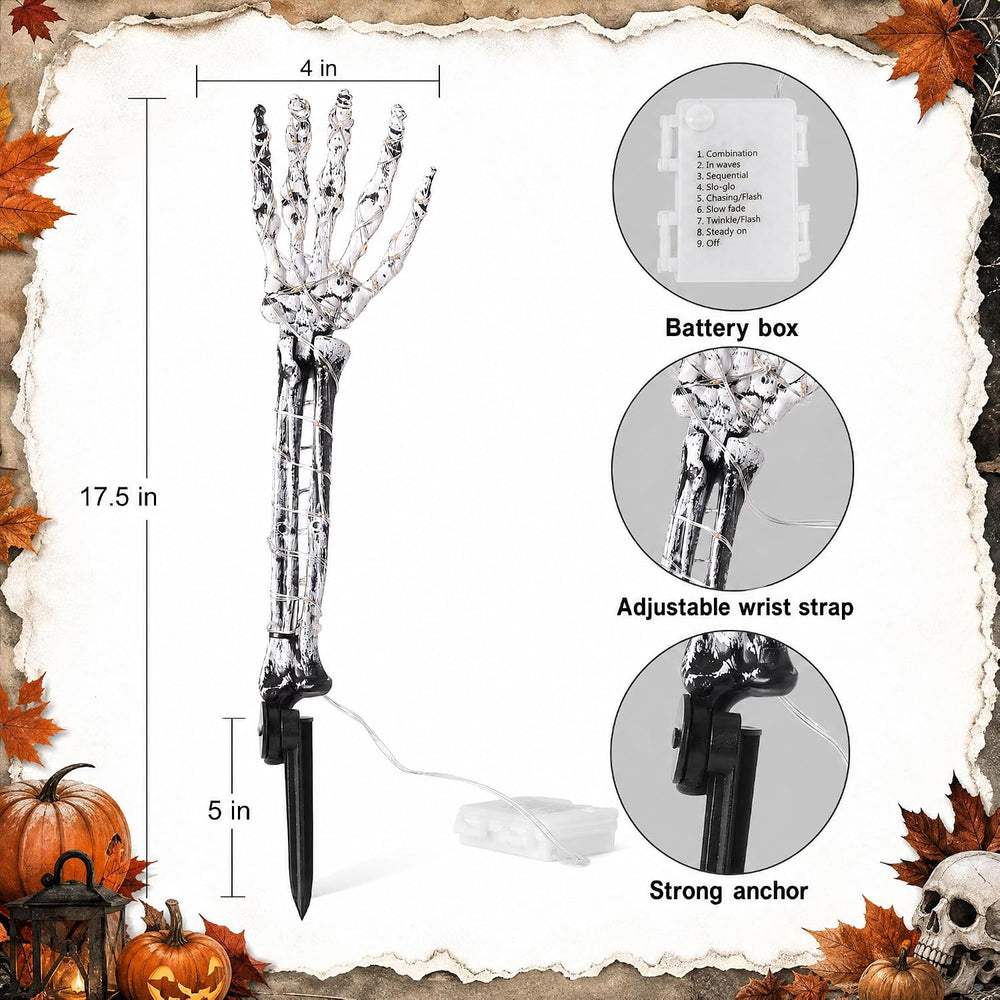 Halloween Skeleton Arm Stakes 4‑Pack, 160 Green LED Battery‑Powered Lights