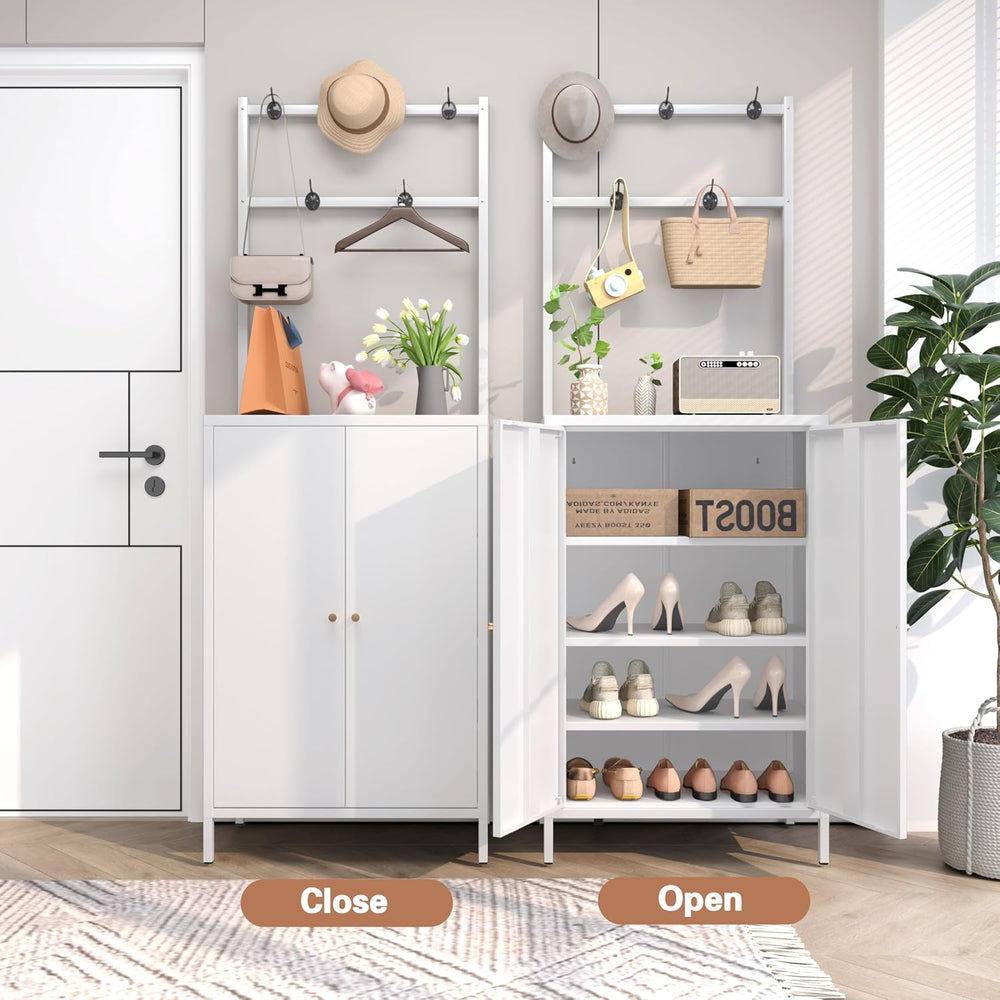 Tall Metal Shoe Cabinet with Coat Rack,Shoe Storage Cabinet with Doors,Hangin...