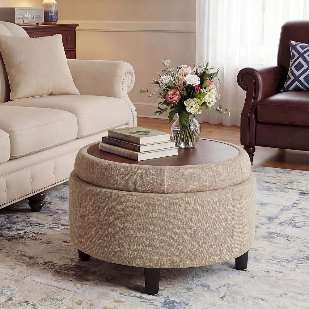 COLAMY Fabric Round Storage Ottoman with Reversible Tray Lid – Multi-Function...